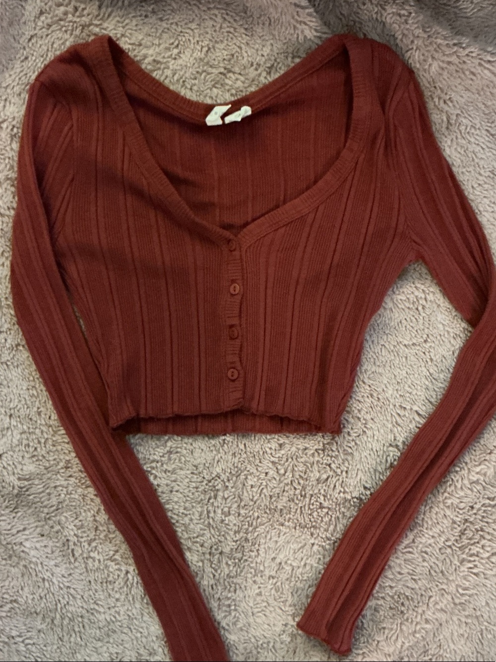 Sky and Sparrow Women’s Brick Red Ribbed Cropped long sleeve Sweater